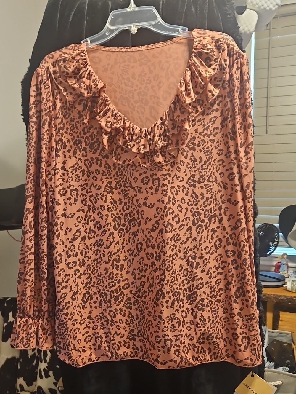 Ruffled V-Neck Leopard Print Blouse - Rust - Picture 1 of 6